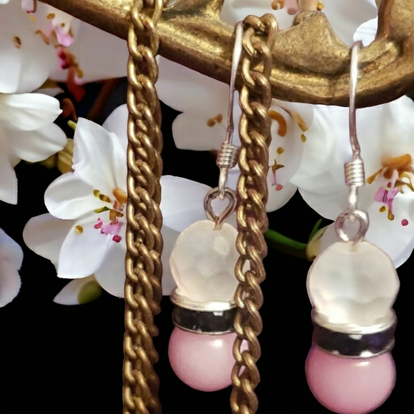 Pink & Frosted Glass Hand Crafted Drop Earrings - Picture 3 of 5